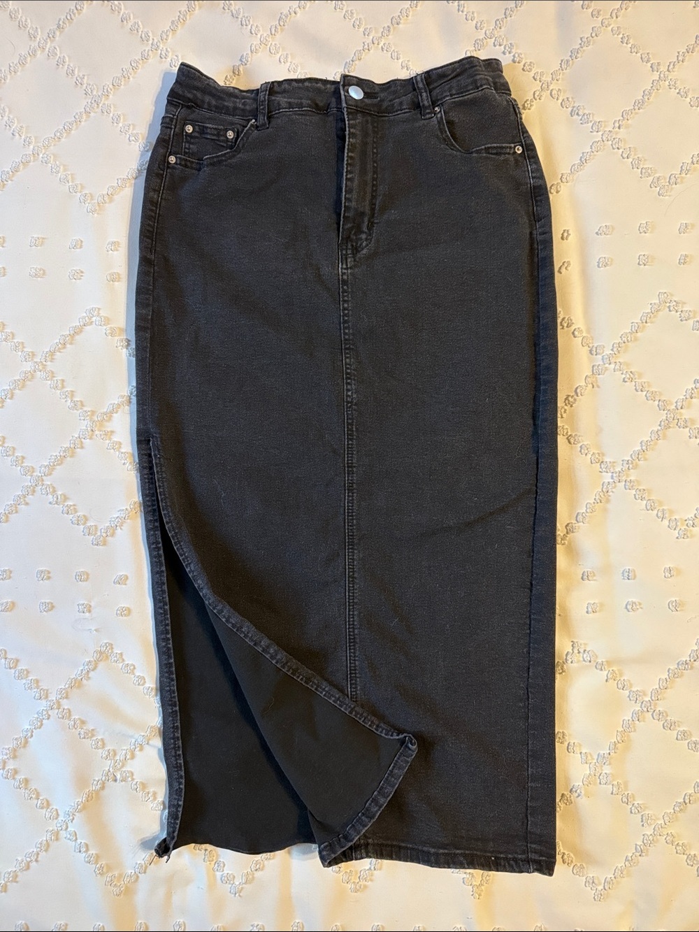 H&M Black Denim Midi Skirt with Front Slit Size Large